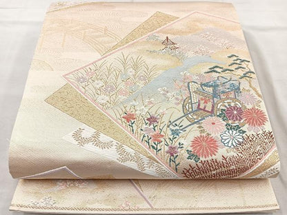 平和屋着物◎六通柄袋帯 唐織 色紙御所車花文 金糸 正絹 逸品 BAAR2888cm