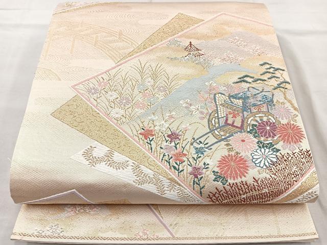 平和屋着物◎六通柄袋帯 唐織 色紙御所車花文 金糸 正絹 逸品 BAAR2888cm