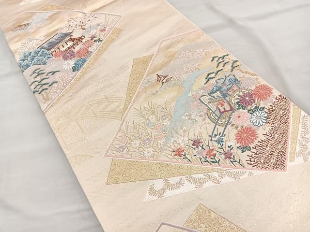 平和屋着物◎六通柄袋帯 唐織 色紙御所車花文 金糸 正絹 逸品 BAAR2888cm