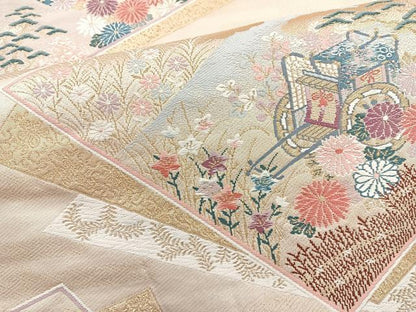 平和屋着物◎六通柄袋帯 唐織 色紙御所車花文 金糸 正絹 逸品 BAAR2888cm