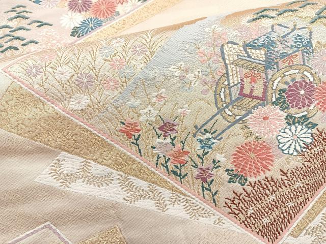 平和屋着物◎六通柄袋帯 唐織 色紙御所車花文 金糸 正絹 逸品 BAAR2888cm