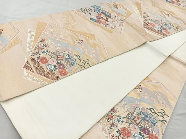 平和屋着物◎六通柄袋帯 唐織 色紙御所車花文 金糸 正絹 逸品 BAAR2888cm