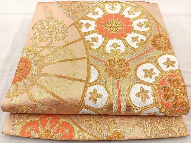 平和屋着物◎六通柄袋帯 唐織 扇面花文 金糸 正絹 逸品 BAAR2893cm