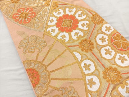 平和屋着物◎六通柄袋帯 唐織 扇面花文 金糸 正絹 逸品 BAAR2893cm