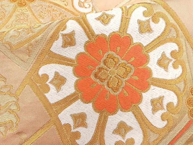 平和屋着物◎六通柄袋帯 唐織 扇面花文 金糸 正絹 逸品 BAAR2893cm