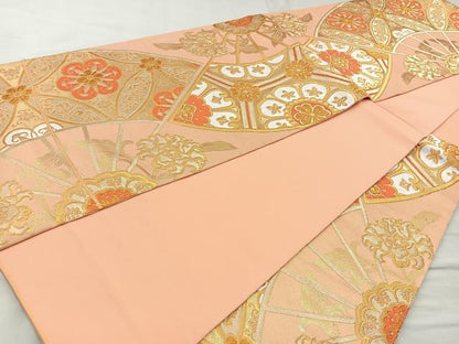 平和屋着物◎六通柄袋帯 唐織 扇面花文 金糸 正絹 逸品 BAAR2893cm