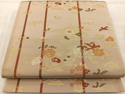 平和屋着物◎六通柄袋帯 唐織 花鳥間道 金糸 正絹 逸品 BAAR2895cm