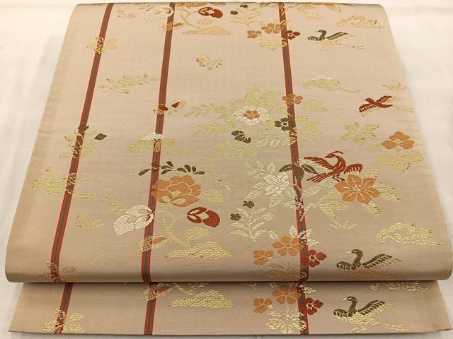 平和屋着物◎六通柄袋帯 唐織 花鳥間道 金糸 正絹 逸品 BAAR2895cm