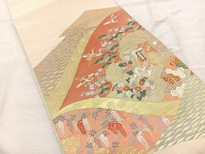 平和屋着物◎太鼓柄袋帯 唐織 松皮菱飛鶴花文 金糸 正絹 逸品 BAAR2920cm