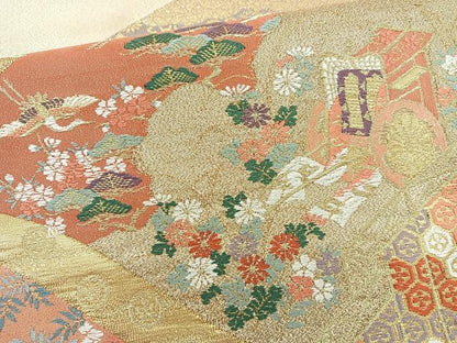 平和屋着物◎太鼓柄袋帯 唐織 松皮菱飛鶴花文 金糸 正絹 逸品 BAAR2920cm
