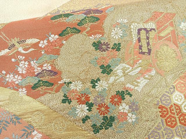 平和屋着物◎太鼓柄袋帯 唐織 松皮菱飛鶴花文 金糸 正絹 逸品 BAAR2920cm