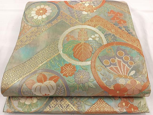 平和屋着物◎六通柄袋帯 花蝶丸文 金糸 正絹 逸品 BAAR2922cm