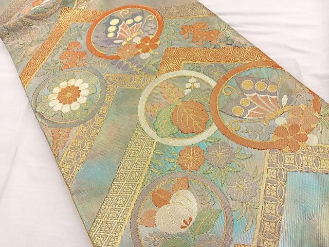 平和屋着物◎六通柄袋帯 花蝶丸文 金糸 正絹 逸品 BAAR2922cm