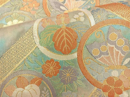 平和屋着物◎六通柄袋帯 花蝶丸文 金糸 正絹 逸品 BAAR2922cm
