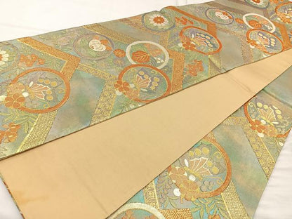平和屋着物◎六通柄袋帯 花蝶丸文 金糸 正絹 逸品 BAAR2922cm