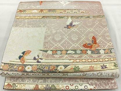 平和屋着物◎六通柄袋帯 唐織 横段花蝶文 金糸 正絹 逸品 BAAR2923cm