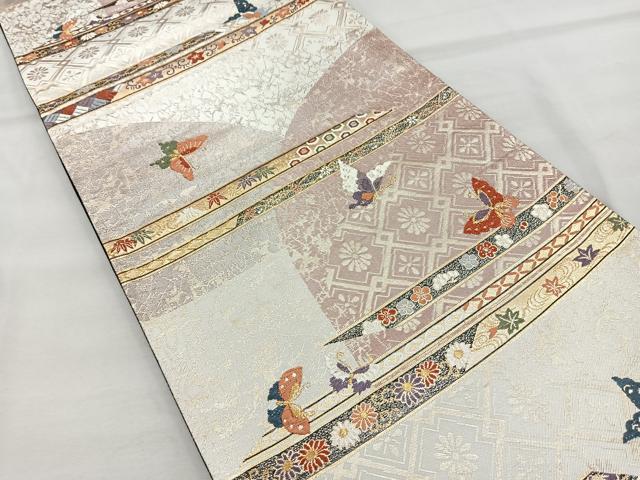 平和屋着物◎六通柄袋帯 唐織 横段花蝶文 金糸 正絹 逸品 BAAR2923cm