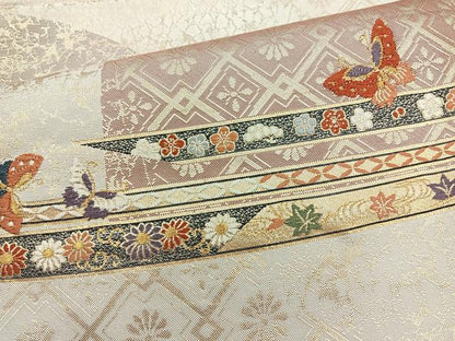 平和屋着物◎六通柄袋帯 唐織 横段花蝶文 金糸 正絹 逸品 BAAR2923cm