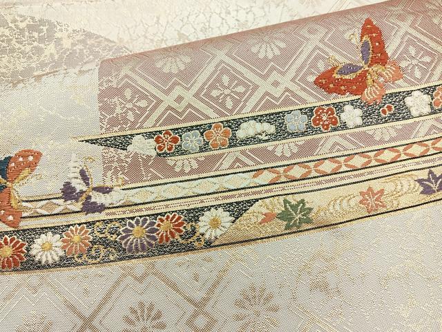 平和屋着物◎六通柄袋帯 唐織 横段花蝶文 金糸 正絹 逸品 BAAR2923cm
