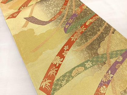 平和屋着物◎六通柄袋帯　唐織　鬘帯花文　金糸　正絹　逸品　BAAR2928cm