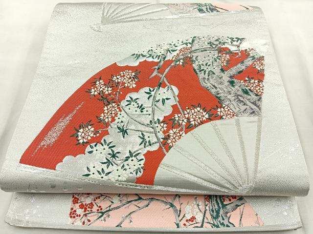 平和屋着物◎西陣 六通柄袋帯 扇面枝花文 銀糸 正絹 逸品 BAAR2931cm