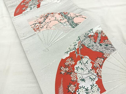 平和屋着物◎西陣 六通柄袋帯 扇面枝花文 銀糸 正絹 逸品 BAAR2931cm
