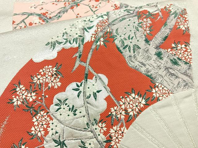 平和屋着物◎西陣 六通柄袋帯 扇面枝花文 銀糸 正絹 逸品 BAAR2931cm