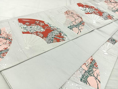 平和屋着物◎西陣 六通柄袋帯 扇面枝花文 銀糸 正絹 逸品 BAAR2931cm