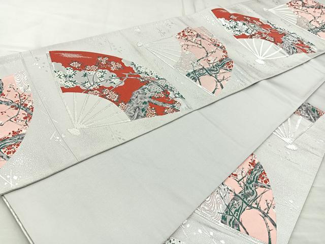 平和屋着物◎西陣 六通柄袋帯 扇面枝花文 銀糸 正絹 逸品 BAAR2931cm