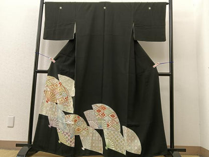 平和屋着物■豪華黒留袖 駒刺繍 扇面花文 金銀彩 正絹 逸品 BAAR3137ea
