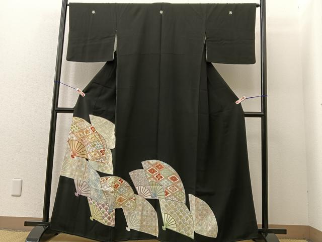 平和屋着物■豪華黒留袖 駒刺繍 扇面花文 金銀彩 正絹 逸品 BAAR3137ea