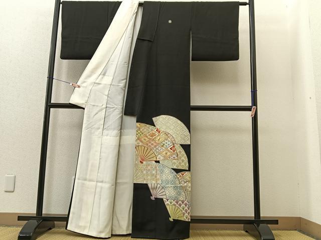 平和屋着物■豪華黒留袖 駒刺繍 扇面花文 金銀彩 正絹 逸品 BAAR3137ea