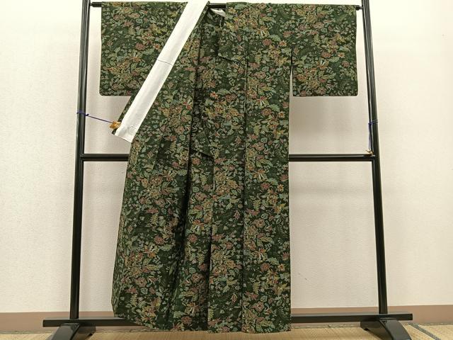 平和屋着物▽結城紬 単衣 草木染 更紗花文 掘達織物謹製 証紙付き 正絹 逸品 BAAR3825yc