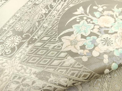 平和屋着物◎六通柄袋帯 唐織 天井花丸文 銀糸 正絹 逸品 BAAR4810ct