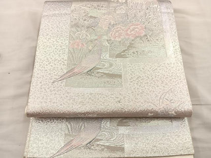 平和屋着物◎六通柄袋帯　唐織　御所車花文　銀糸　正絹　逸品　BAAR4818ct