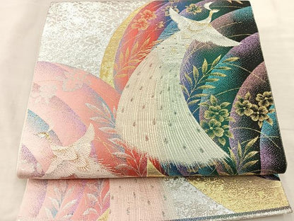 平和屋着物◎六通柄袋帯　孔雀花文　金銀糸　正絹　逸品　BAAR4831ct