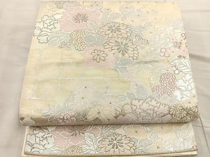 平和屋着物◎六通柄袋帯 唐織 雲取り草花文 銀糸 正絹 逸品 BAAR4847ct
