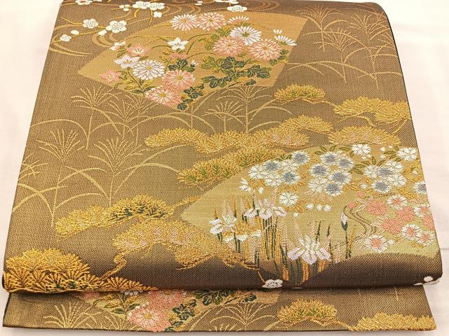 平和屋着物◎六通柄袋帯 地紙花鳥文 黒地 金糸 正絹 逸品 BAAR4887ct