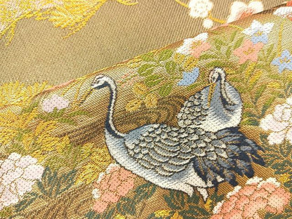 平和屋着物◎六通柄袋帯 地紙花鳥文 黒地 金糸 正絹 逸品 BAAR4887ct