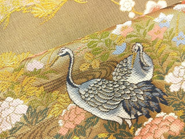 平和屋着物◎六通柄袋帯 地紙花鳥文 黒地 金糸 正絹 逸品 BAAR4887ct