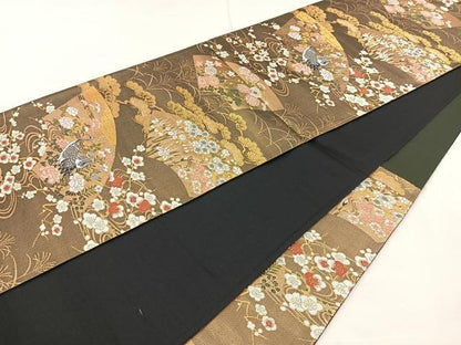 平和屋着物◎六通柄袋帯 地紙花鳥文 黒地 金糸 正絹 逸品 BAAR4887ct