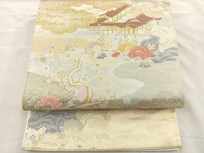 平和屋着物◎六通柄袋帯 唐織 風景文 金糸 正絹 逸品 BAAR4901ct