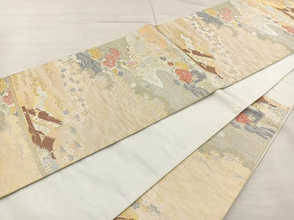 平和屋着物◎六通柄袋帯 唐織 風景文 金糸 正絹 逸品 BAAR4901ct