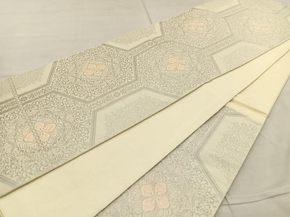 平和屋着物◎六通柄袋帯 唐織 亀甲花文 銀糸 正絹 逸品 BAAR4910ct