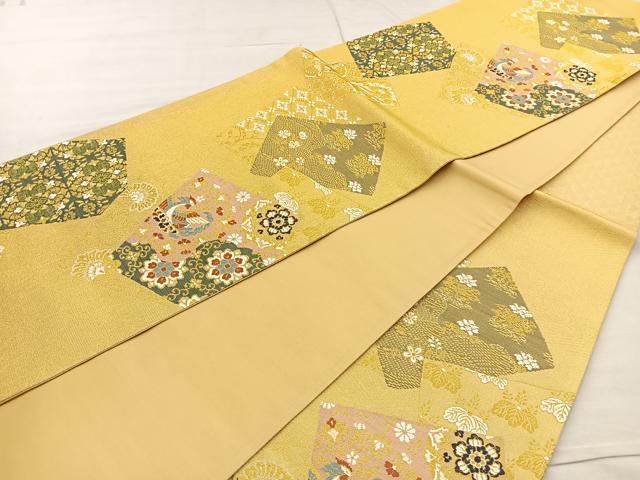 平和屋着物◎六通柄袋帯 色紙花鳥文 金糸 正絹 逸品 BAAR4914ct