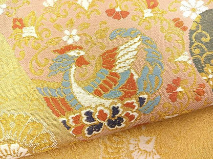 平和屋着物◎六通柄袋帯 色紙花鳥文 金糸 正絹 逸品 BAAR4914ct