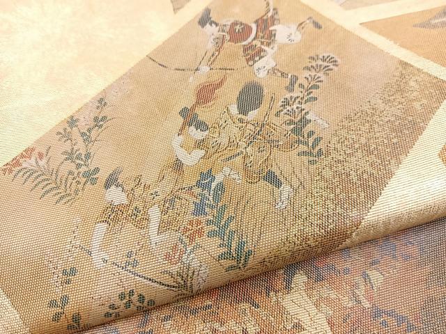 平和屋着物◎太鼓柄袋帯 人物風景文 銀糸 正絹 逸品 BAAR4930ct