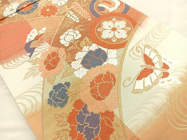 平和屋着物◎六通柄袋帯 唐織 舞蝶花文 金糸 正絹 逸品 BAAR4958ct