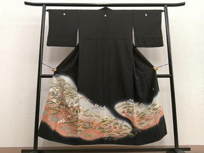 平和屋着物■豪華黒留袖　作家物　人物風景文　富士山　暈し染め　金通し地　正絹　逸品　BAAR5030ui