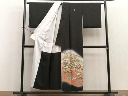 平和屋着物■豪華黒留袖　作家物　人物風景文　富士山　暈し染め　金通し地　正絹　逸品　BAAR5030ui